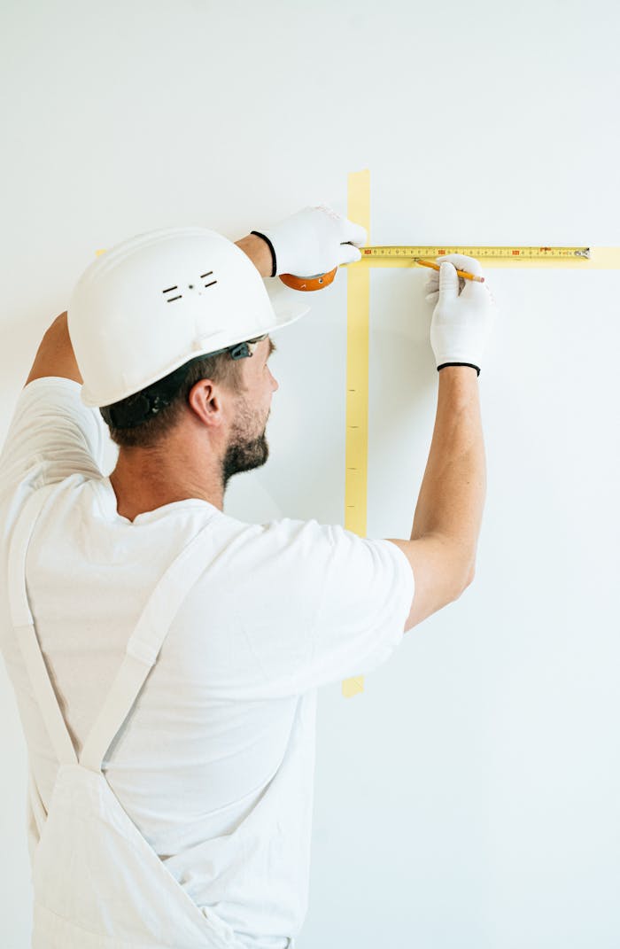 A man in a hard hat and gloves measuring a wall with a tape measure.