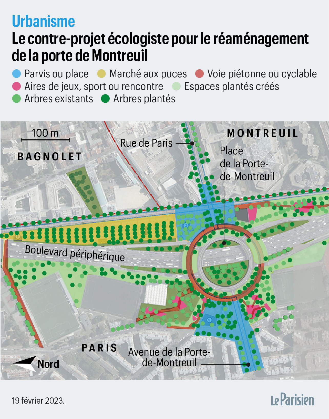 travaux à la porte de montreuil à paris : suppression du giratoire, plantation de 700 arbres, et transformation du périphérique pour un environnement plus vert et sécurisé.